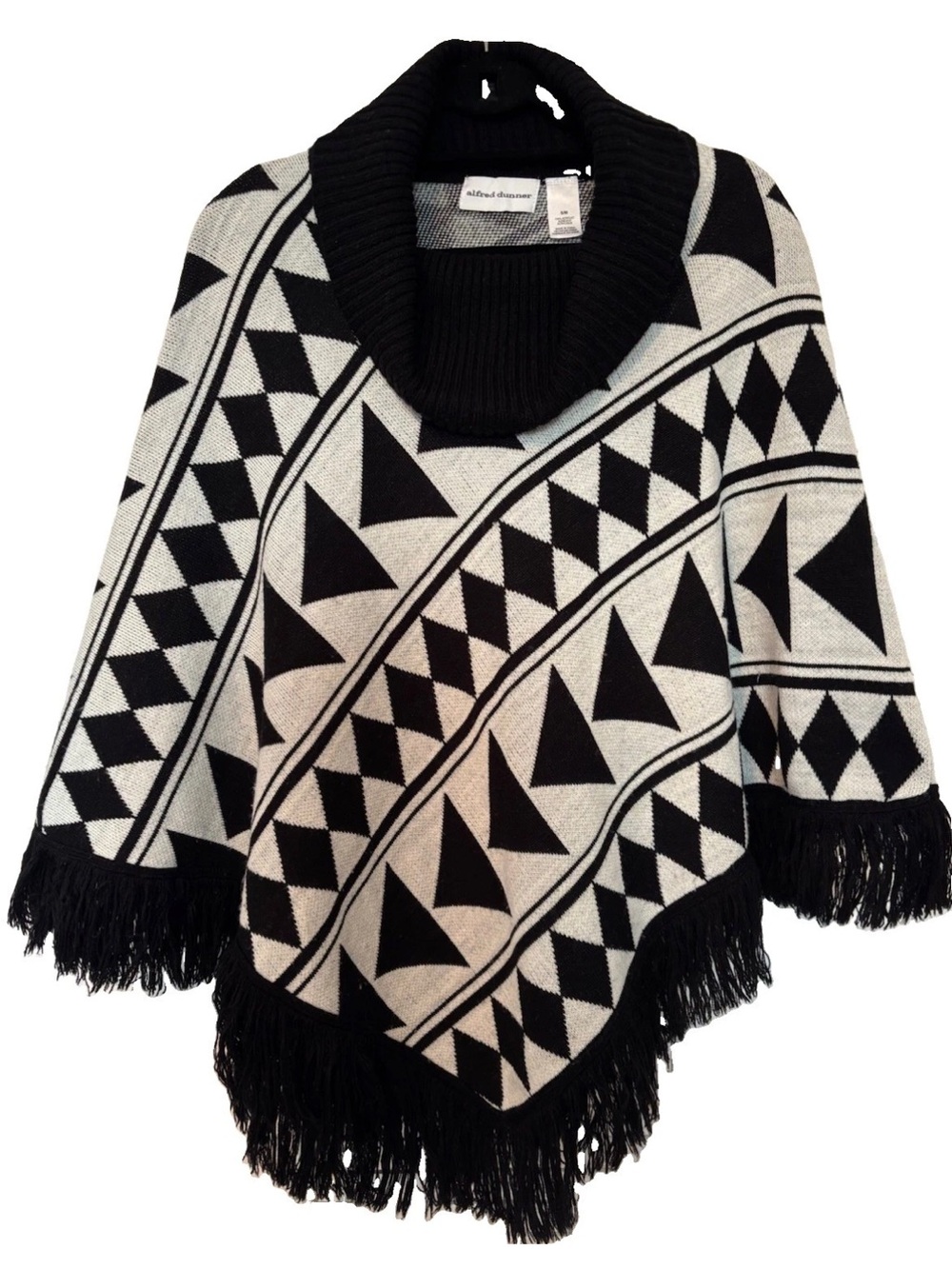 Alfred Dunner Black & Cream Geometric Fringe Knit Sweater Pullover Poncho